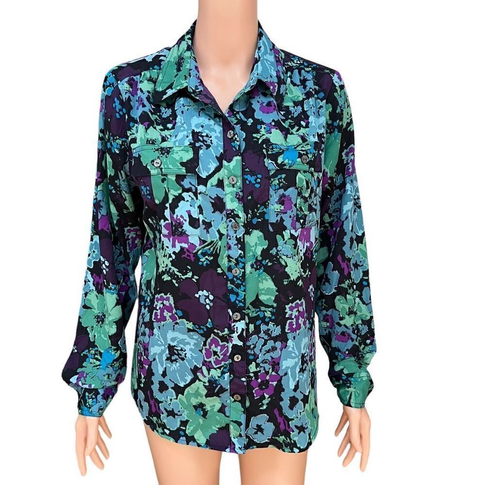 Croft & Barrow Midnight Garden Hawaiian Button Up Shirt blouse size M